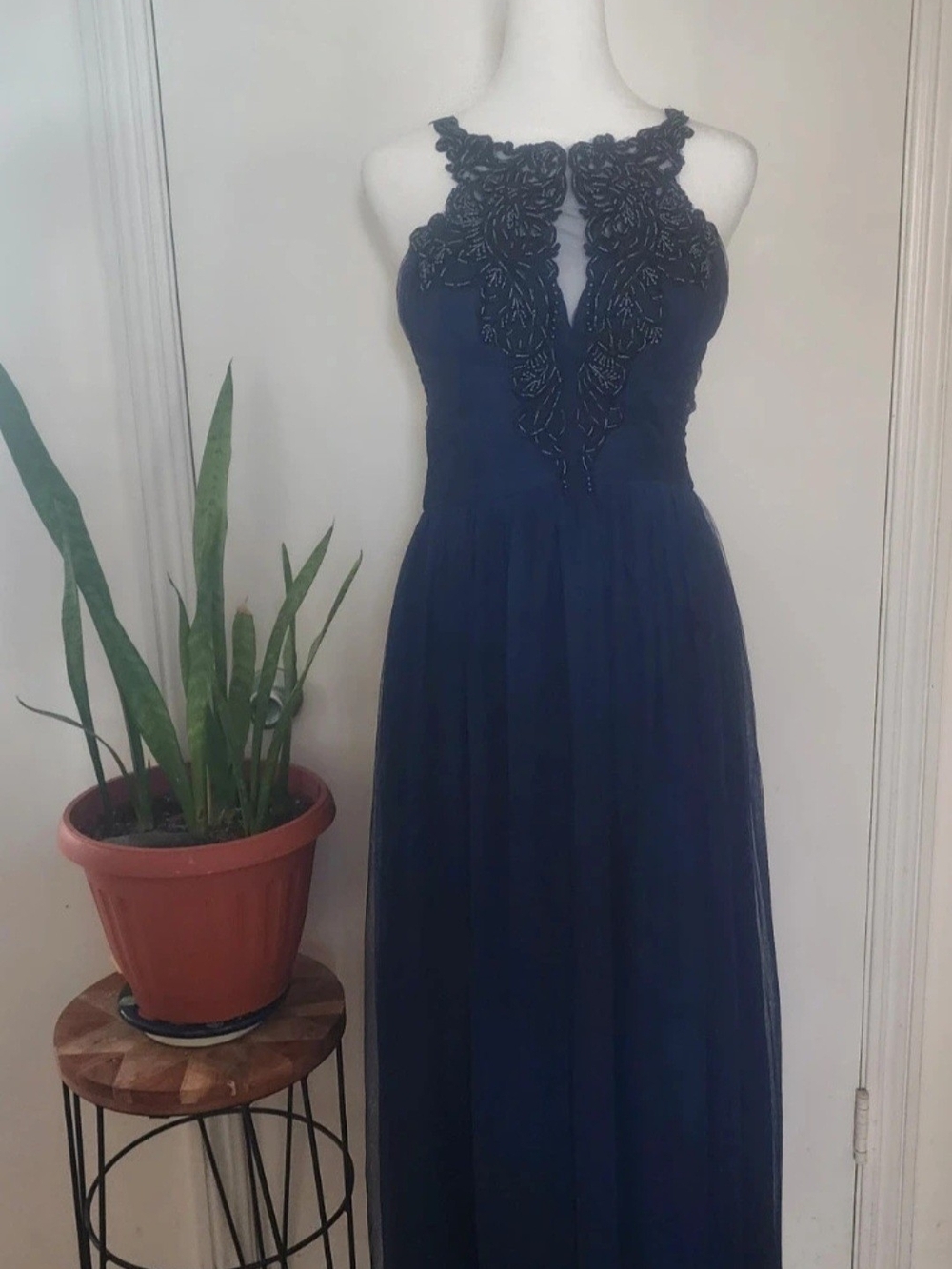 Little Mistress Navy Halter Maxi Dress with Beaded Neckline